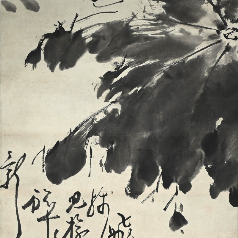 Antique Pair of Japanese Sumi-e Ink Lotus Scrolls, Hakuun ー白雲 “蓮之図”