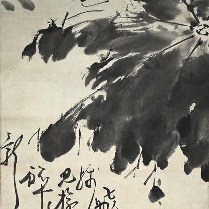 Antique Pair of Japanese Sumi-e Ink Lotus Scrolls, Hakuun ー白雲 “蓮之図”