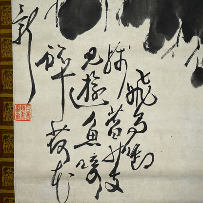 Antique Pair of Japanese Sumi-e Ink Lotus Scrolls, Hakuun ー白雲 “蓮之図”