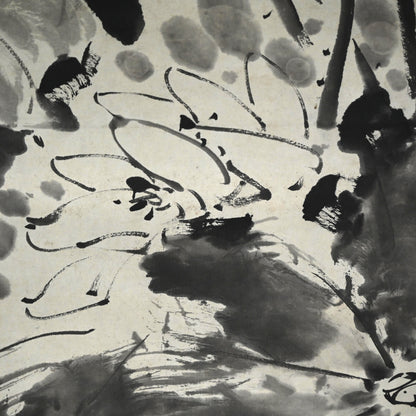 Antique Pair of Japanese Sumi-e Ink Lotus Scrolls, Hakuun ー白雲 “蓮之図”