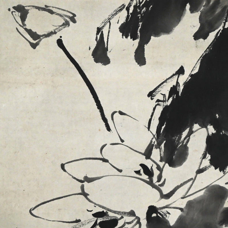 Antique Pair of Japanese Sumi-e Ink Lotus Scrolls, Hakuun ー白雲 “蓮之図”