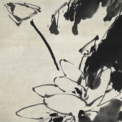 Antique Pair of Japanese Sumi-e Ink Lotus Scrolls, Hakuun ー白雲 “蓮之図”