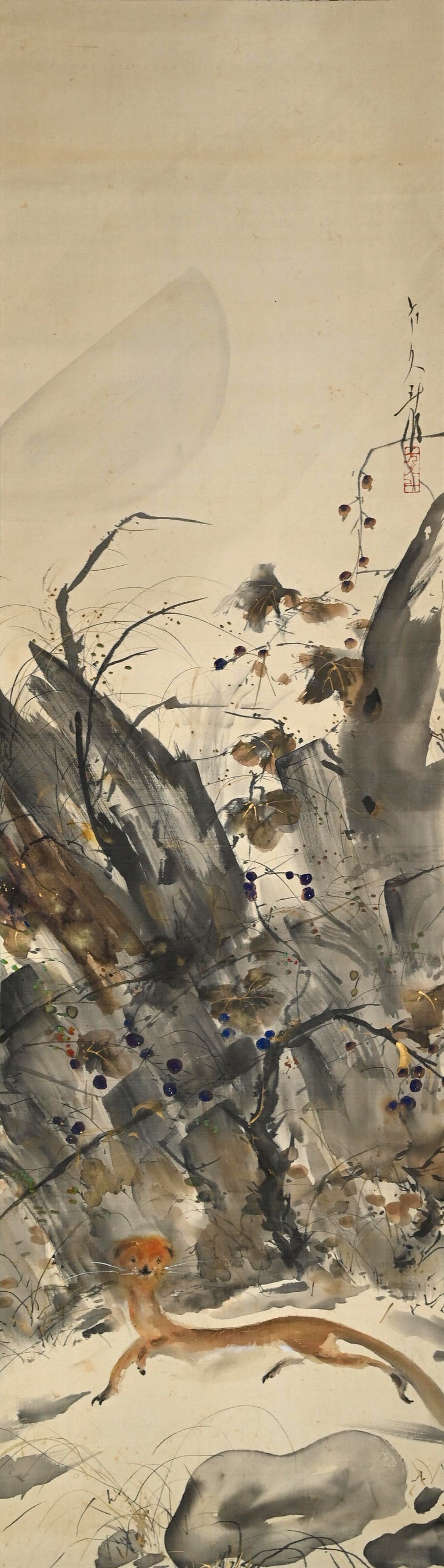 紅葉を飛び越えるイタチ ー玉村 方久斗 「秋景」