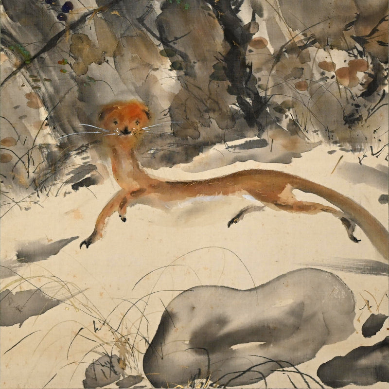 紅葉を飛び越えるイタチ ー玉村 方久斗 「秋景」