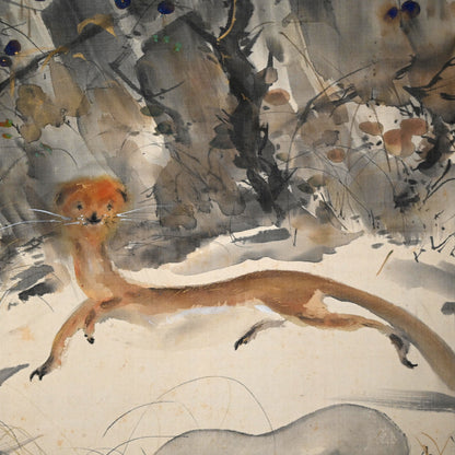 紅葉を飛び越えるイタチ ー玉村 方久斗 「秋景」