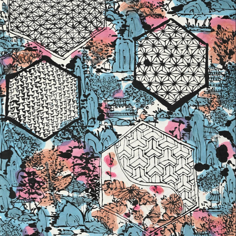 染付の楽園風景絵巻 ー重森陽子掛け軸「染付の楽園」