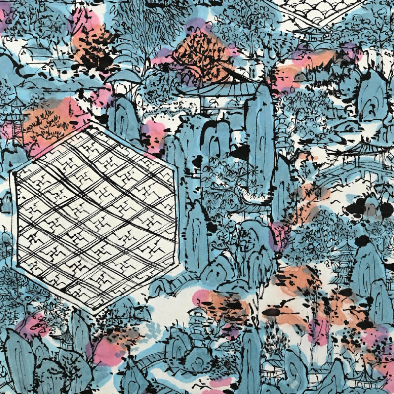 染付の楽園風景絵巻 ー重森陽子掛け軸「染付の楽園」