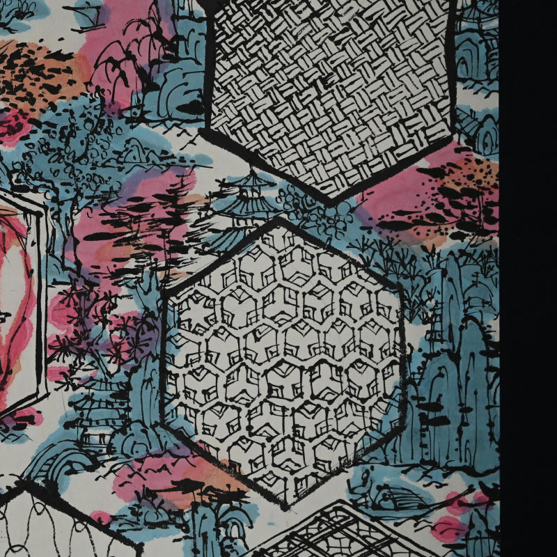 染付の楽園風景絵巻 ー重森陽子掛け軸「染付の楽園」