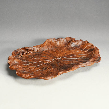 Large Carved Wood Habon Lotus Leaf Tea Tray by Senseki