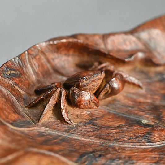 Large Carved Wood Habon Lotus Leaf Tea Tray by Senseki