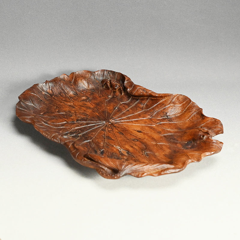 Large Carved Wood Habon Lotus Leaf Tea Tray by Senseki