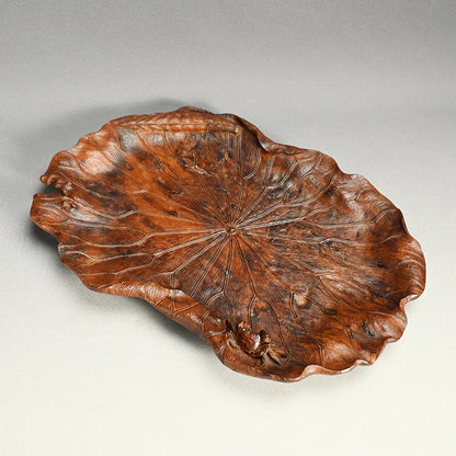 Large Carved Wood Habon Lotus Leaf Tea Tray by Senseki