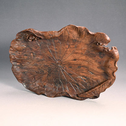 Large Carved Wood Habon Lotus Leaf Tea Tray by Senseki