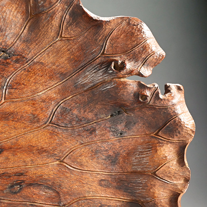Large Carved Wood Habon Lotus Leaf Tea Tray by Senseki