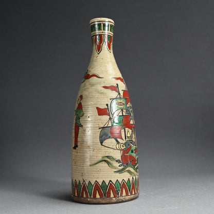 アンティーク日本の船徳利に描かれたオランダ船 ー帆舟人物之図 徳利