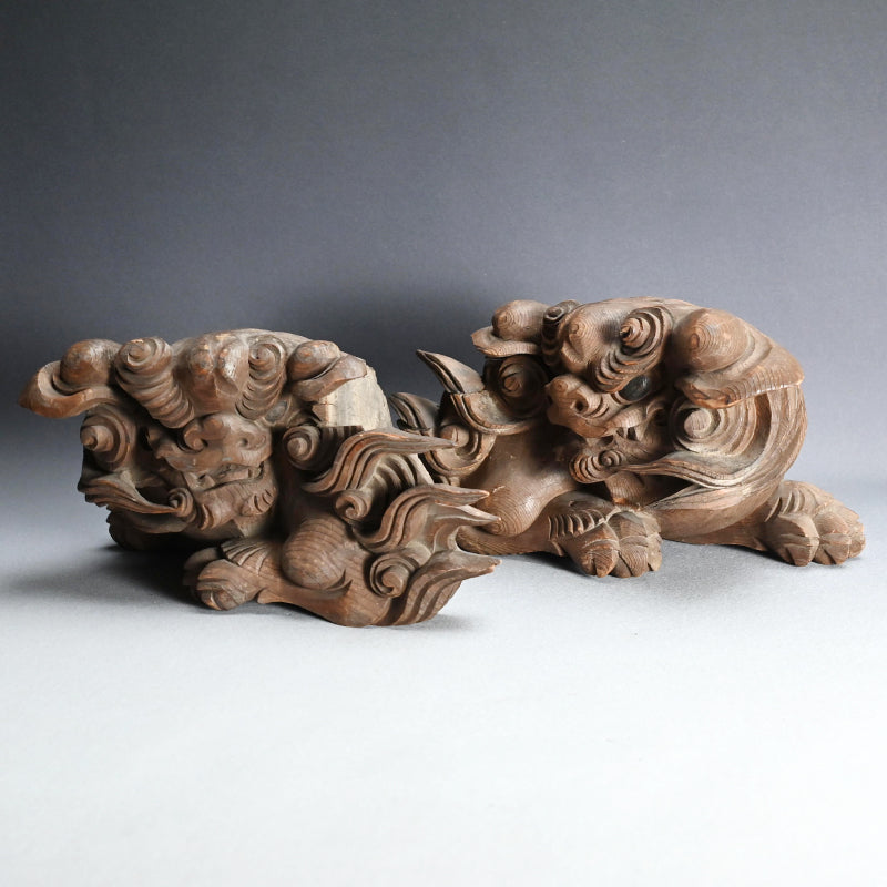 Antique Carved Wood Shishi Architectural Lion Ornaments