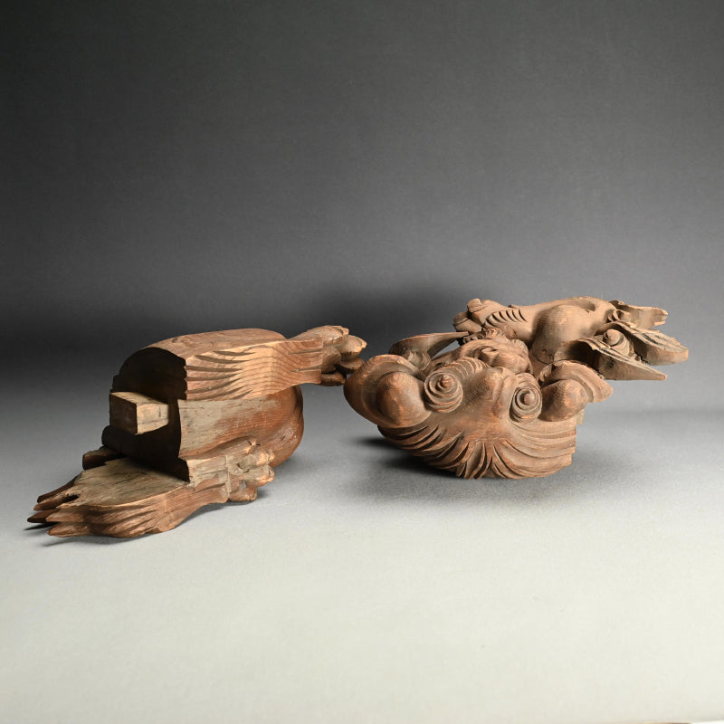 Antique Carved Wood Shishi Architectural Lion Ornaments