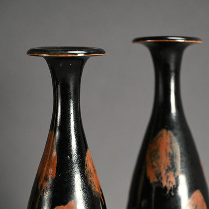 絶妙なアンティーク天目陶器花瓶セット
