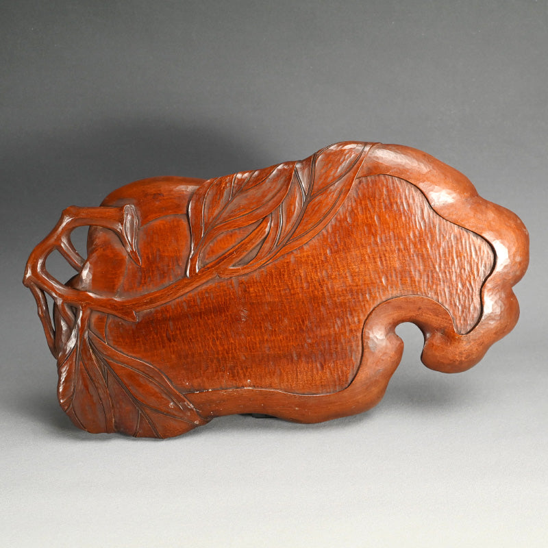 Taisho Period Carved Wooden Tea Tray ー高橋 皖山 “漢詩入 木彫香盆”