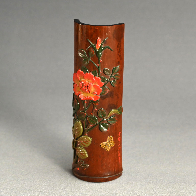 Antique Lacquered Bamboo Sago Sencha Tea Scoop, Ikkokusai ー"長寿花画茶合"