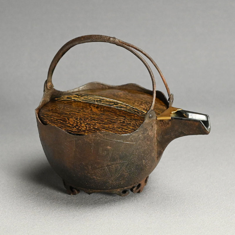 Antique Japanese Iron Choshi Sake Kettle with Silver