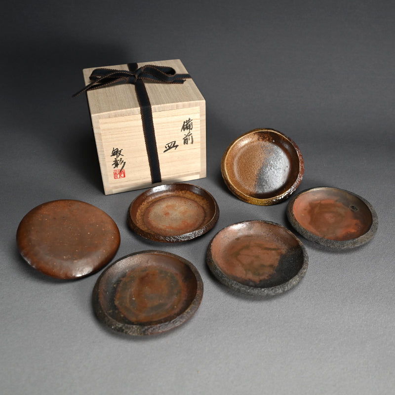6 pc. Bizen Yohen Plate Set ー森 敏彰 “備前 皿”