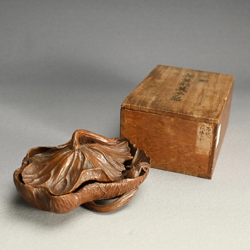 Antique Lotus-leaf-shaped Carved Wood Covered Bowl