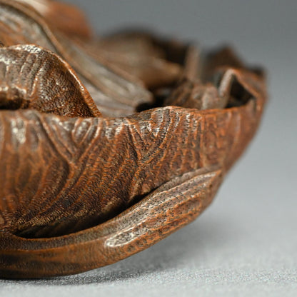 Antique Lotus-leaf-shaped Carved Wood Covered Bowl