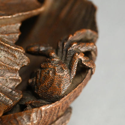Antique Lotus-leaf-shaped Carved Wood Covered Bowl