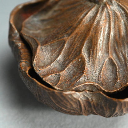 Antique Lotus-leaf-shaped Carved Wood Covered Bowl