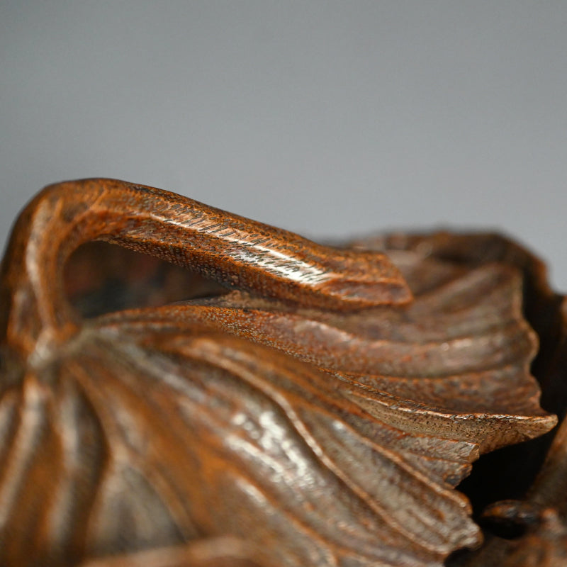 Antique Lotus-leaf-shaped Carved Wood Covered Bowl