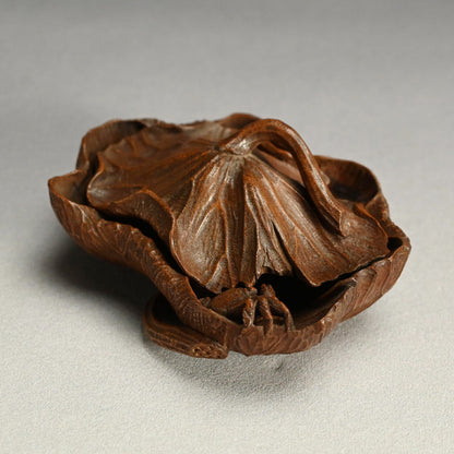 Antique Lotus-leaf-shaped Carved Wood Covered Bowl