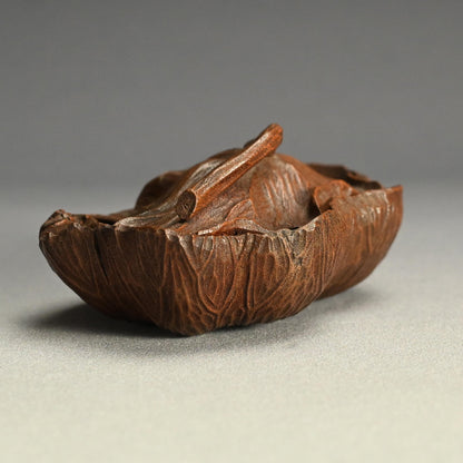 Antique Lotus-leaf-shaped Carved Wood Covered Bowl
