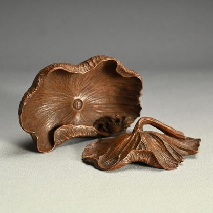 Antique Lotus-leaf-shaped Carved Wood Covered Bowl