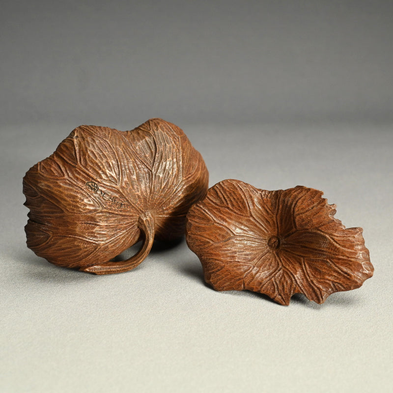 Antique Lotus-leaf-shaped Carved Wood Covered Bowl