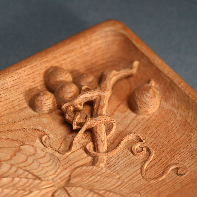 Wood Sencha Tea Tray Carved with Grape Motif