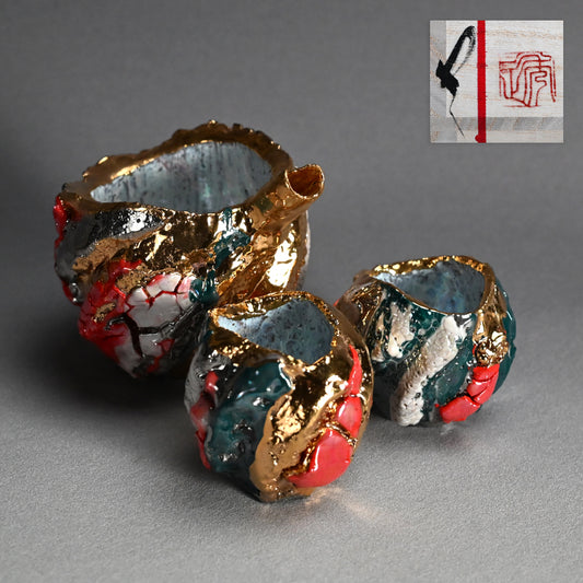 Outlandish Boxed Sake Set, 2 Guinomi & Katakuchi ー市川 透 “晴礼讃歌 酒器片口３点セット”