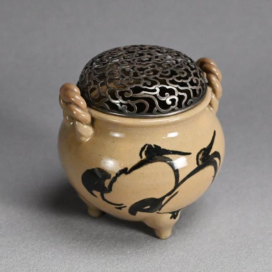 Asahi Yaki Koro with Silver Lid Decorated ー竹内 栖鳳