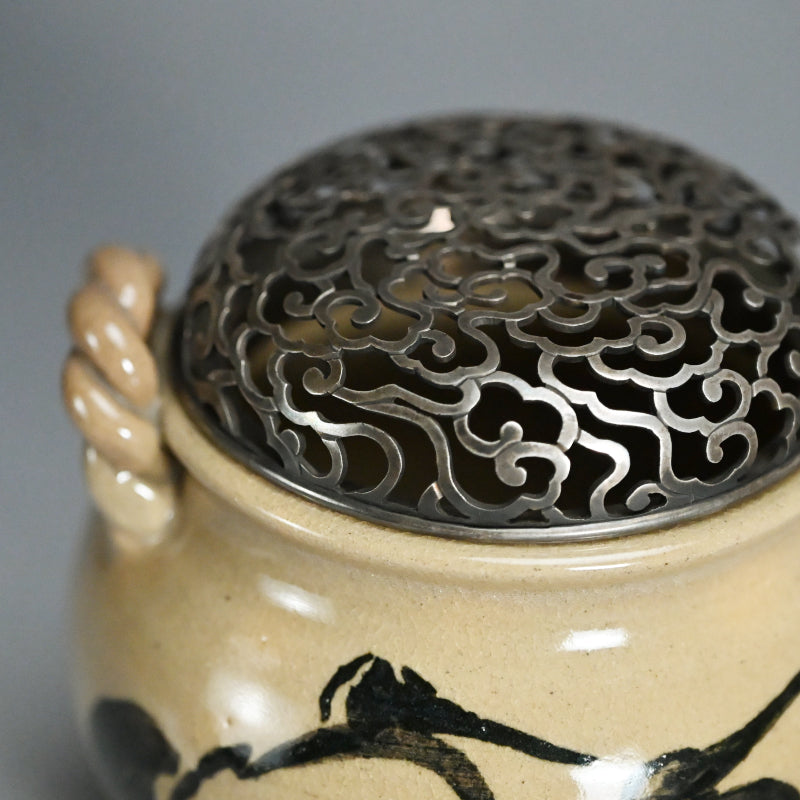 Asahi Yaki Koro with Silver Lid Decorated ー竹内 栖鳳