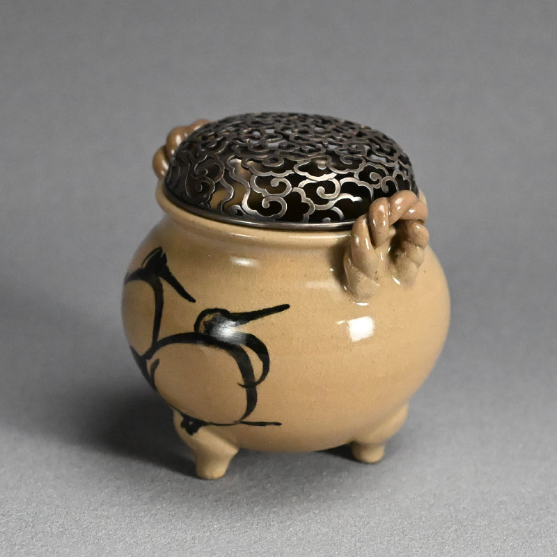 Asahi Yaki Koro with Silver Lid Decorated ー竹内 栖鳳