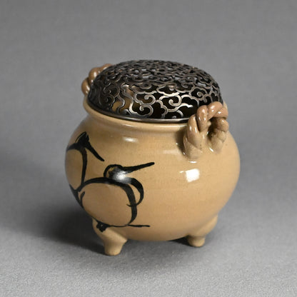 Asahi Yaki Koro with Silver Lid Decorated ー竹内 栖鳳
