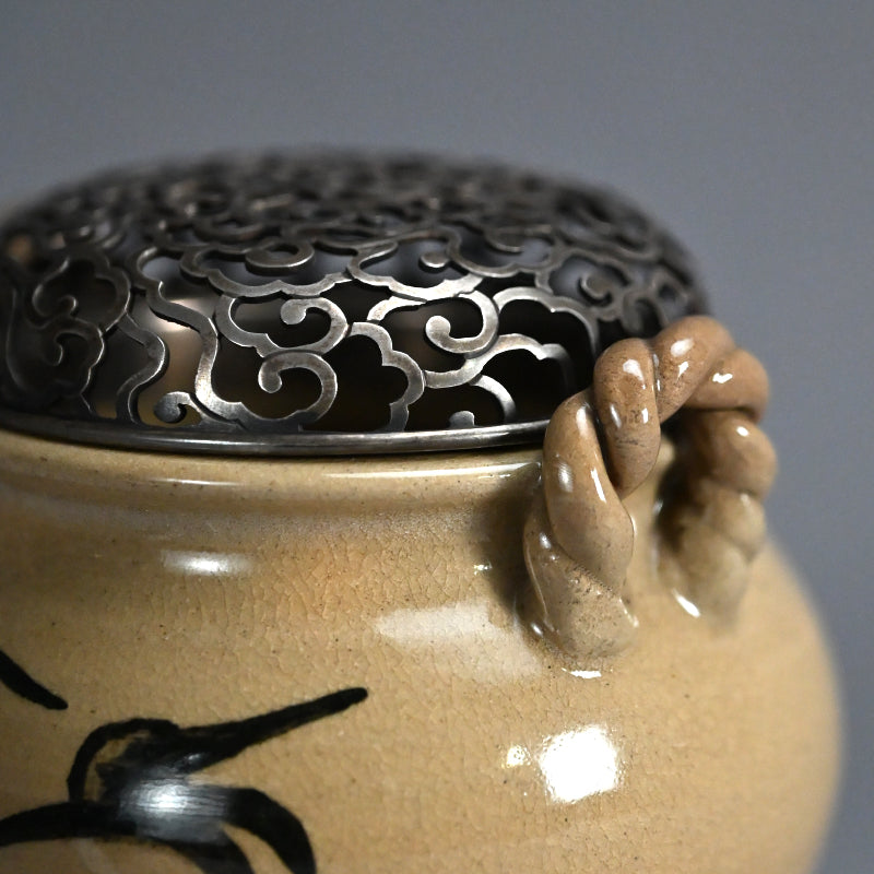 Asahi Yaki Koro with Silver Lid Decorated ー竹内 栖鳳