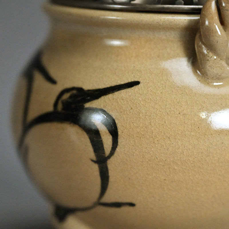 Asahi Yaki Koro with Silver Lid Decorated ー竹内 栖鳳