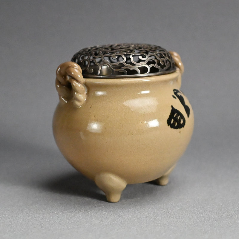 Asahi Yaki Koro with Silver Lid Decorated ー竹内 栖鳳