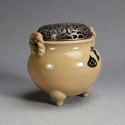 Asahi Yaki Koro with Silver Lid Decorated ー竹内 栖鳳