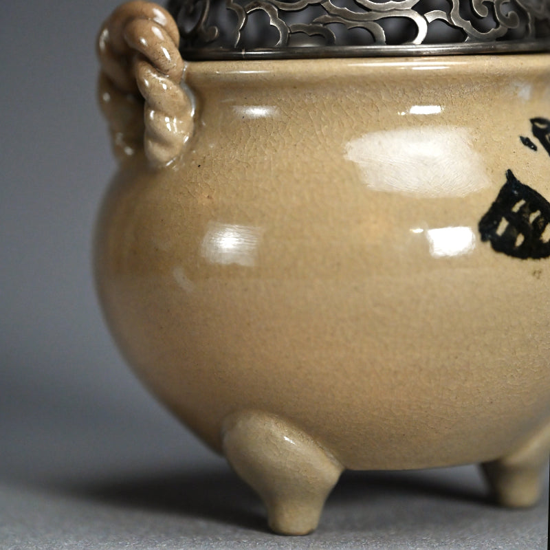 Asahi Yaki Koro with Silver Lid Decorated ー竹内 栖鳳