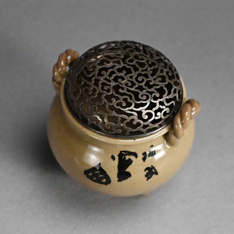 Asahi Yaki Koro with Silver Lid Decorated ー竹内 栖鳳