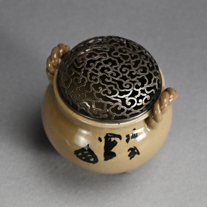 Asahi Yaki Koro with Silver Lid Decorated ー竹内 栖鳳
