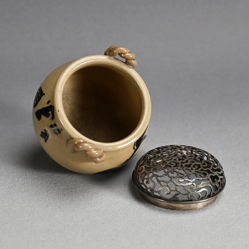 Asahi Yaki Koro with Silver Lid Decorated ー竹内 栖鳳