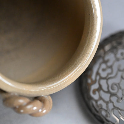Asahi Yaki Koro with Silver Lid Decorated ー竹内 栖鳳